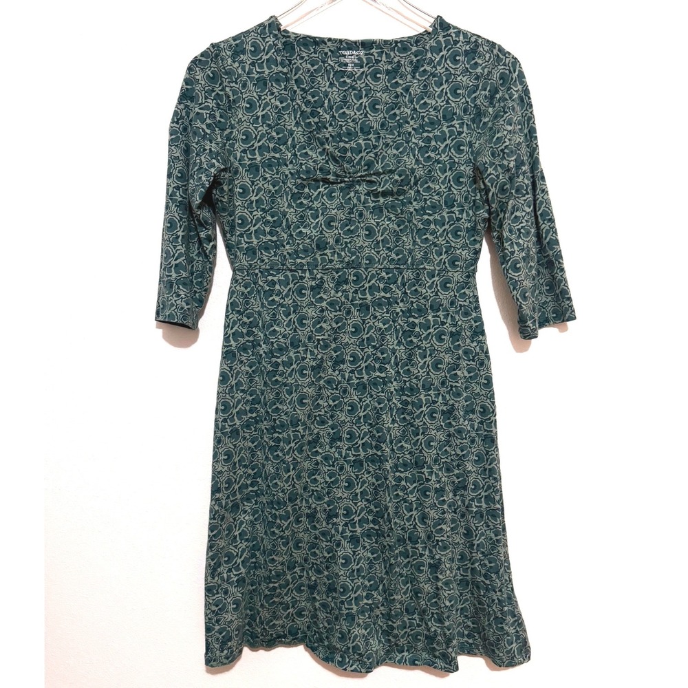 Toad&Co Rosalinda Dress Green Patterned 3/4 Sleeve Empire Waist Dress